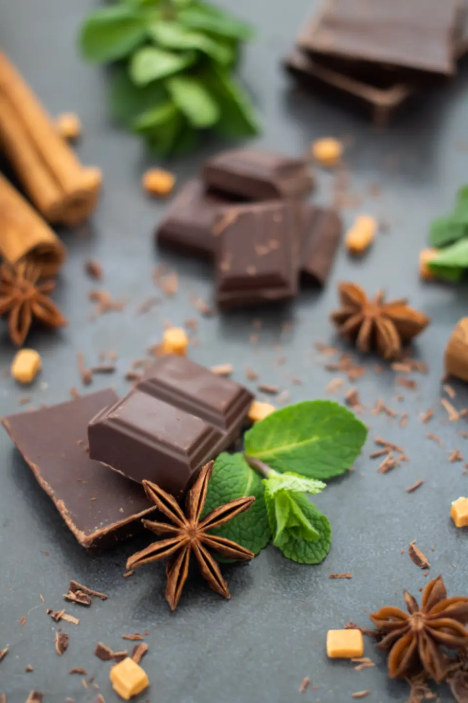 Morceaux de chocolat noir avec épices et fruits secs