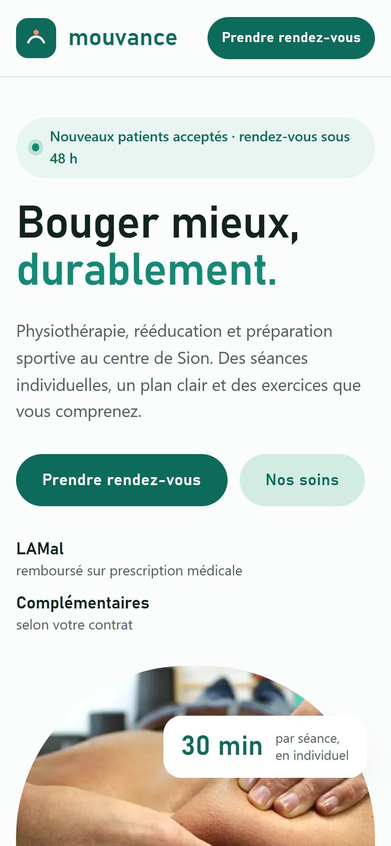 Le site Mouvance Physiothérapie sur mobile