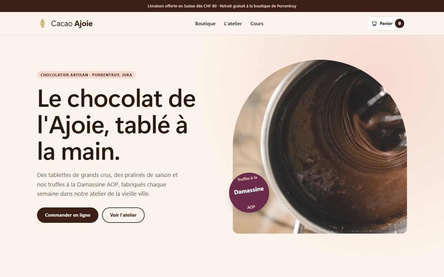 Le site Cacao Ajoie sur ordinateur