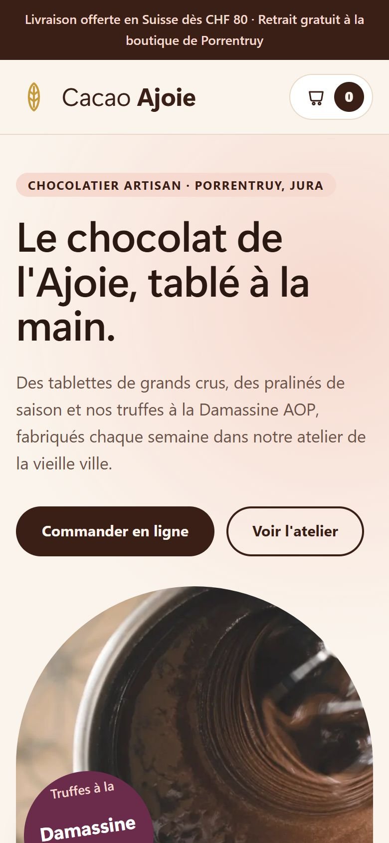 Le site Cacao Ajoie sur mobile